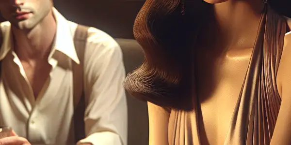 A mature woman and a hesitant young man share a tense, intimate moment in a softly lit living room.