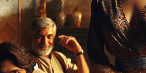 A young man and an older woman share an intimate moment in an elegantly decorated living room, filled with tension.