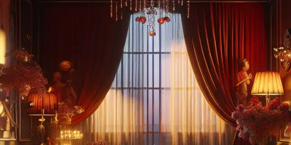 An intimate, dimly lit room with luxurious fabrics, warm lighting, and suggestive art reflecting Korean sensuality.