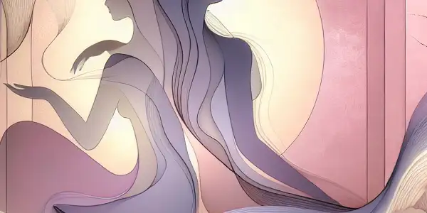 Two intertwined silhouettes of women evoke intimacy and allure, surrounded by abstract elements and soft pastel colors.