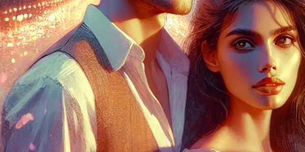 A romantic urban scene at dusk with two lovers gazing into each other's eyes under blooming cherry blossoms.