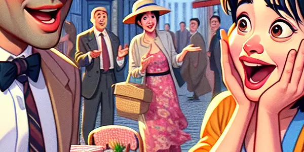 A whimsical scene of two comedic characters joyfully reuniting in a colorful European street.