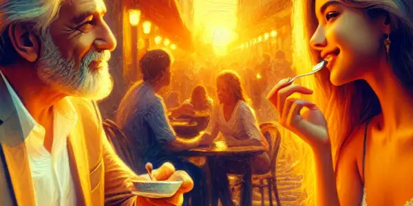 An older man and younger woman share dessert in a cozy café, enjoying a romantic moment during sunset.