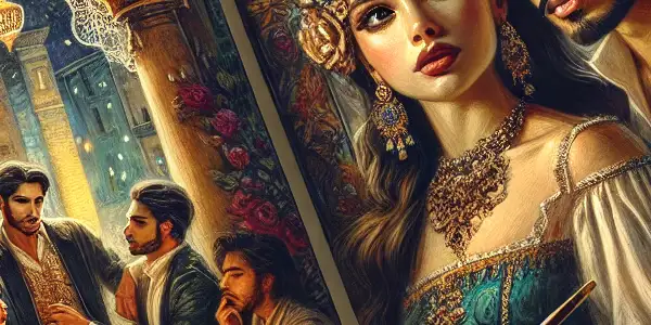 An open book illustrates a passionate encounter between two elegantly styled characters in a cozy, dimly lit room.