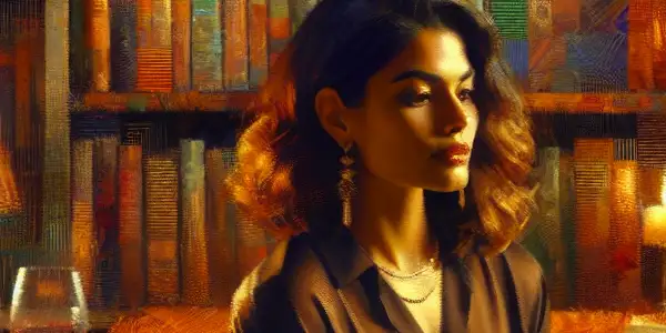 A cozy reading nook with a woman immersed in an erotic novel, surrounded by warm colors and inviting decor.