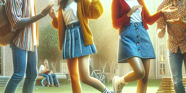 A lively university campus scene with diverse students playfully interacting on a sunny day amidst iconic architecture.