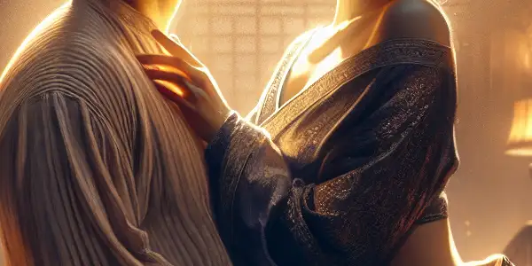 A couple in a passionate embrace in an intimate, softly lit room, conveying romance and emotional depth.