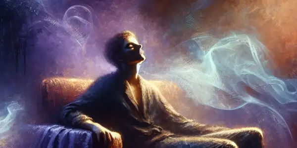 A figure on a plush couch embodies longing and satisfaction in a dimly lit, intimate room.