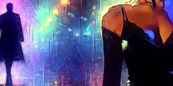 A strong female protagonist in a neon-lit urban setting, surrounded by emotional turmoil and intrigue.