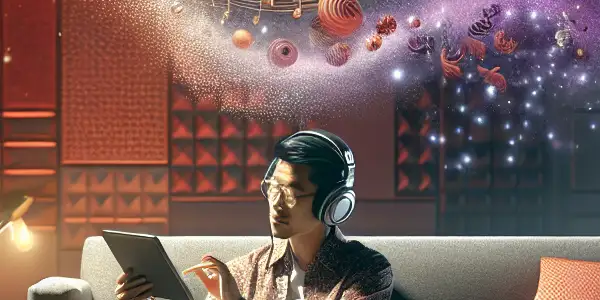 A cozy room with a person enjoying immersive audio storytelling, surrounded by hints of erotic and fantasy themes.