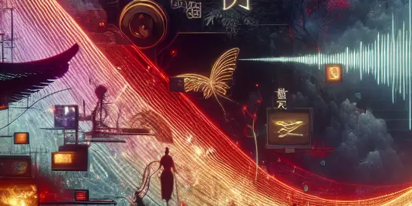 Surreal scene blending erotic storytelling and adult film elements, featuring dynamic silhouettes and immersive sound visualizations.