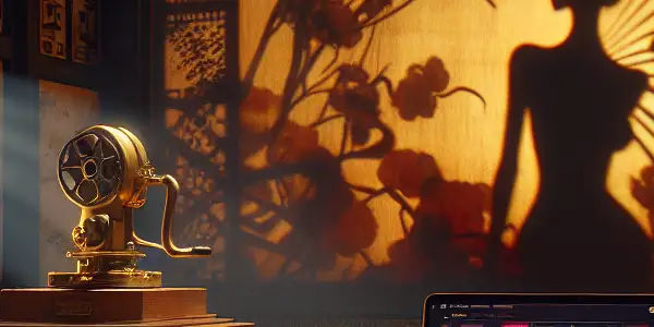 A luxurious, dimly lit room featuring Asian decor, a vintage film projector, and a mahogany table with exotic fruits and sake.