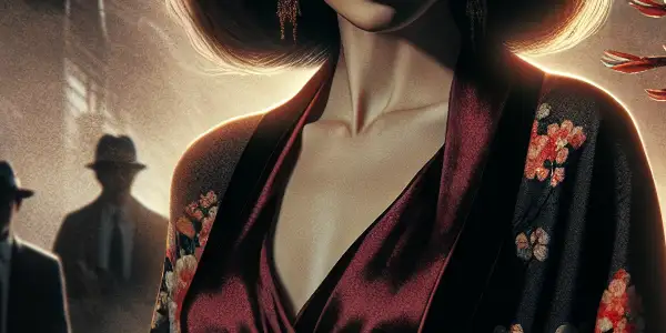 A seductive female figure in a dimly lit urban setting, embodying vengeance and allure amidst neon lights and cherry blossoms.