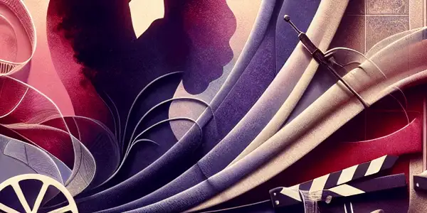 An abstract collage depicting a passionate couple in an intimate embrace, surrounded by film-themed elements and soft drapery.