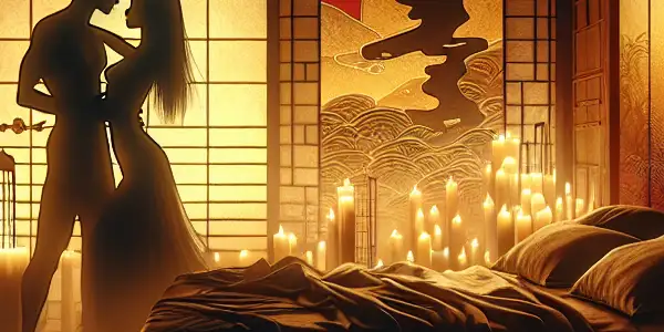 A dimly lit romantic bedroom with a luxurious bed, candlelight, and silhouettes of two figures in an intimate embrace.