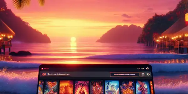 A tropical beach at sunset featuring a laptop displaying Thai film thumbnails, surrounded by palm trees and cultural decorations.