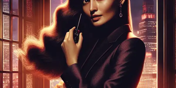 A seductive female spy in a luxurious hotel room, holding a gadget and exuding confidence against a city skyline backdrop.