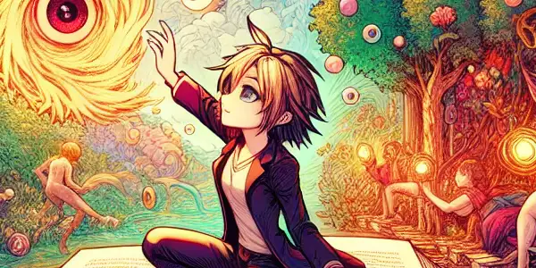 A vibrant, dream-like scene featuring exaggerated characters in a whimsical, fantastical setting with adult themes.