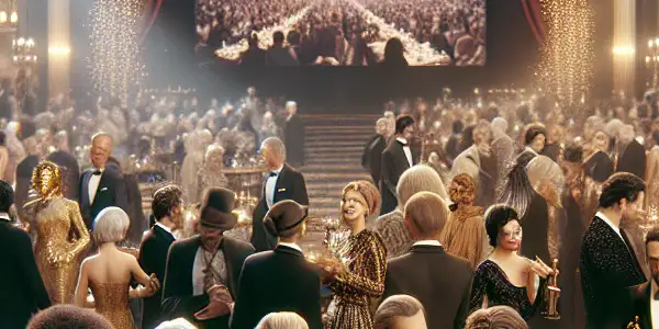 Glamorous awards ceremony celebrating excellence in adult entertainment, featuring elegantly dressed attendees and opulent decorations.