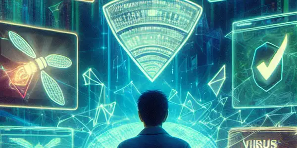 A futuristic digital landscape showcasing safe navigation and downloading of adult content, featuring glowing screens and data streams.