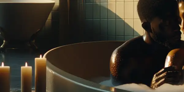 A romantic couple enjoying an intimate moment in a luxurious bubble-filled bathtub surrounded by soft lighting and candles.