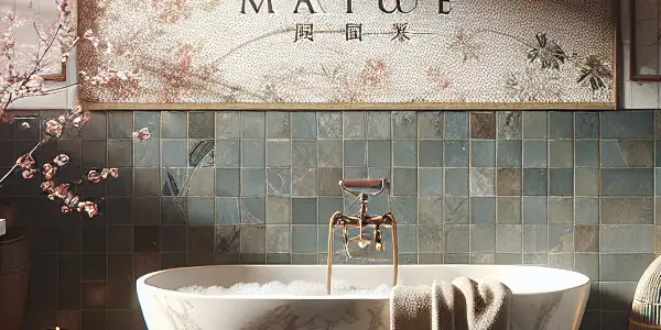 Luxurious adult bathroom with marble tiles, a bubble-filled bathtub, soft lighting, and Japanese design elements.