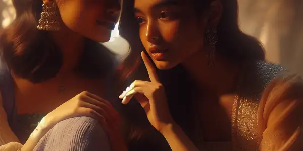 Two young women sharing an intimate moment in a softly lit, cozy room, conveying affection and intrigue.