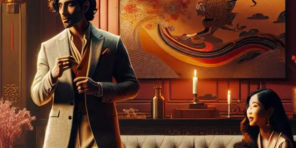 A romantic scene featuring two stylish individuals in an elegant room, highlighting playful flirtation and Japanese cultural elements.