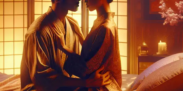 A romantic embrace between two figures in a luxurious, intimate bedroom with soft lighting and elegant decor.