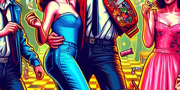 A lively party scene with young adults engaged in playful antics, food fights, and romantic comedy moments.