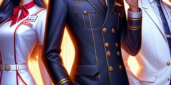 A vibrant scene featuring diverse characters in eye-catching uniforms, set against a dynamic cityscape backdrop.