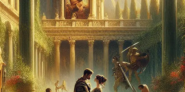 A passionate encounter between two figures in Roman attire amidst opulent ancient architecture and a dramatic backdrop.
