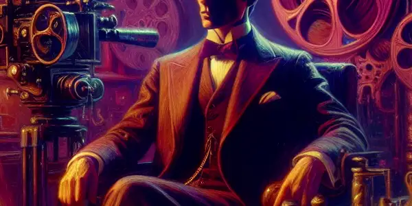 A charismatic adult film director in a dimly lit studio, surrounded by vintage equipment and vibrant lighting.