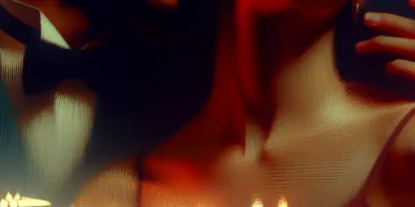 A couple in an intimate embrace, surrounded by a warm, romantic atmosphere with hints of vulnerability and desire.