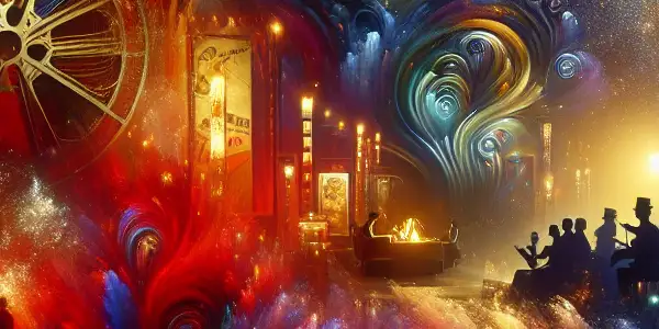 A vibrant, abstract digital landscape inspired by adult entertainment and classic Japanese cinema, featuring vivid colors and dynamic shapes.