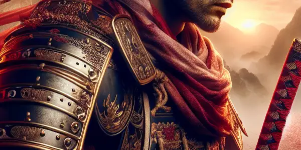 A striking character in Japanese armor amidst cherry blossoms, embodying themes of submission and adventure in a mystical landscape.