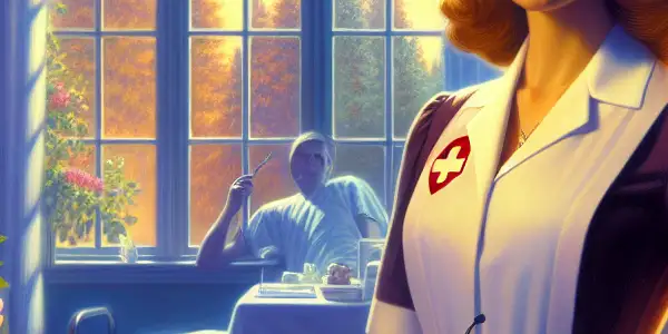 A confident nurse in a dimly lit hospital room, playfully engaging with an intrigued patient under a starry night sky.