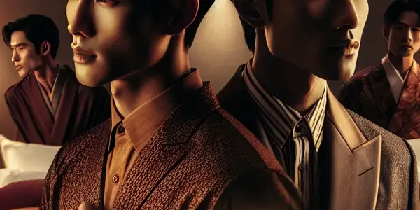 A luxurious bedroom scene featuring two men and one woman in an intimate, romantic interaction.