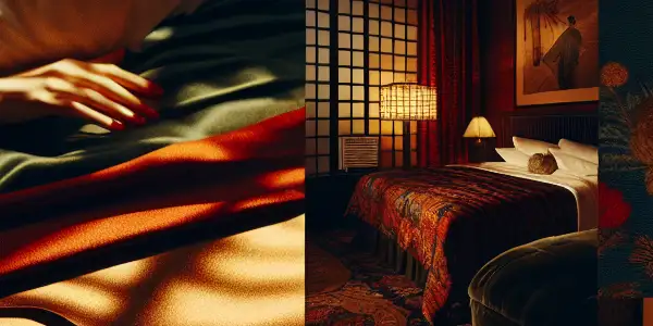 A dimly lit hotel room with a vintage camera, evoking intimacy and exploration through blurred figures and soft lighting.